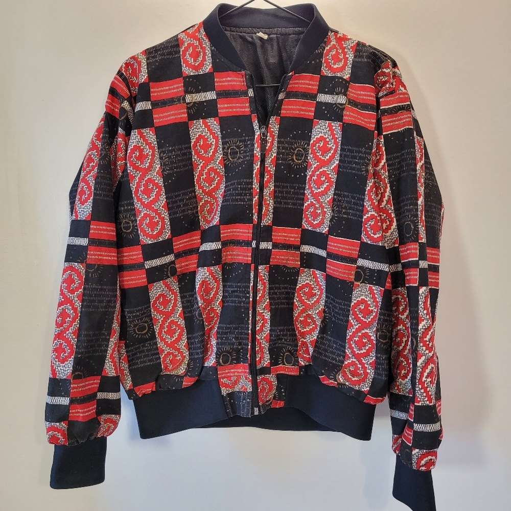 Dormeuil England Vintage Red And Black Print Zip Up Sweater - M